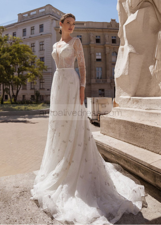 Beaded Long Sleeves Ivory Lace Sheer Wedding Dress